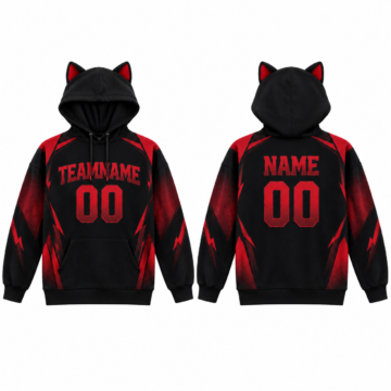 Black and Red Graphic Pullover Hoodie with Cat Ears