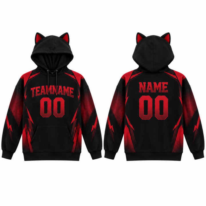 Black and Red Graphic Pullover Hoodie with Cat Ears