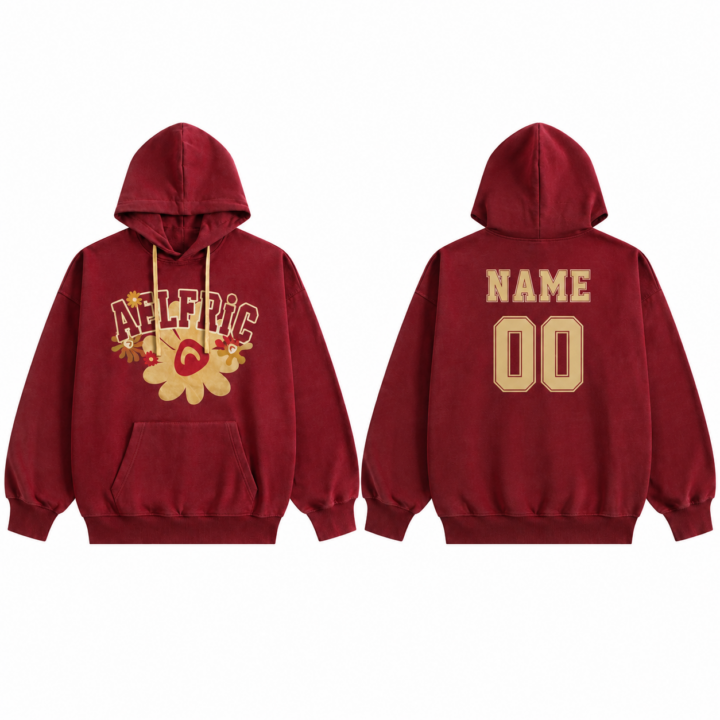Red and Gold Floral Graphic Pullover Hoodie