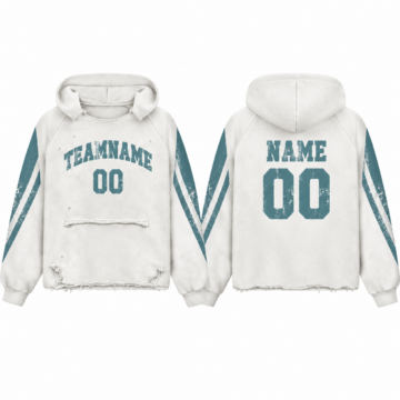 White and Teal Distressed Hoodie