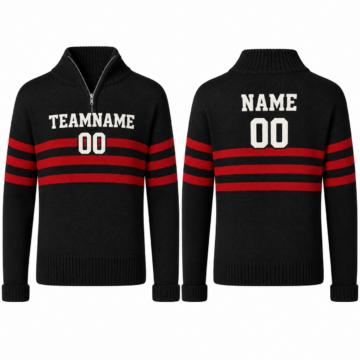 Black and Red Striped Quarter-Zip Mock Neck Sweater