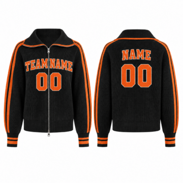 Black and Orange Rib-Knit Zip-Up Cardigan