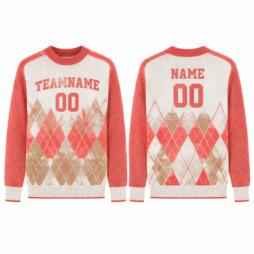 White and Coral Argyle Crew Neck Pullover Sweater