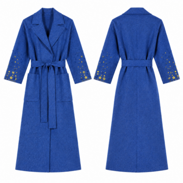 Royal Blue and Yellow Longline Wrap Coat with Embellished Sleeves