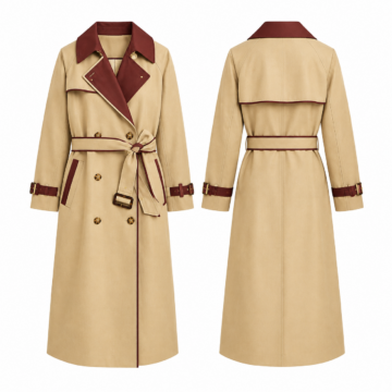 Gold and Maroon Double-Breasted Trench Coat with Belt