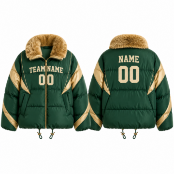 Forest Green and Gold Puffer Coat with Faux Fur Collar