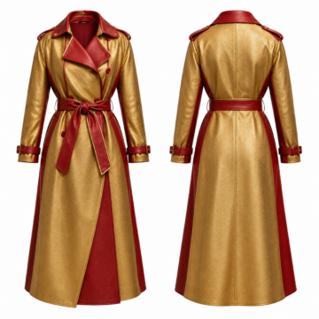 Gold and Red Faux Leather Trench Coat with Belt