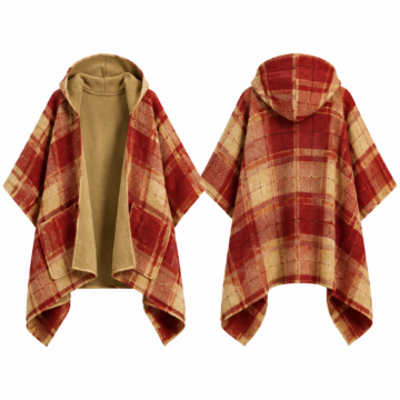 Gold and Red Check Open-Front Cape Coat