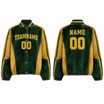 Gold and Forest Green Faux Fur Stand Collar Jacket