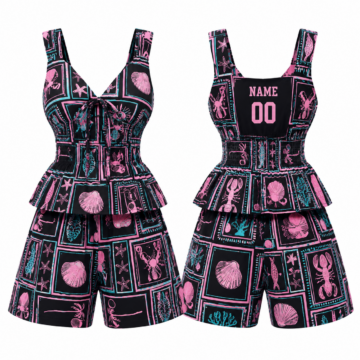 Black and Pink Maritime Print Two-Piece Set with V-Neck Peplum Top and Wide-Leg Shorts