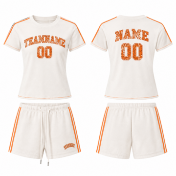 White and Orange Graphic Print T-Shirt and Shorts Set