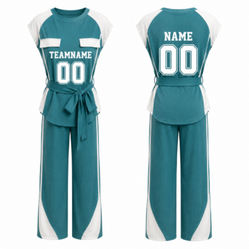 Teal and White Ribbed Two-Piece Set with Cap Sleeve Top and Wide-Leg Trousers