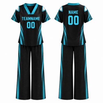 Black and Cyan Two-Piece Set with V-Neck Top and Wide-Leg Pants