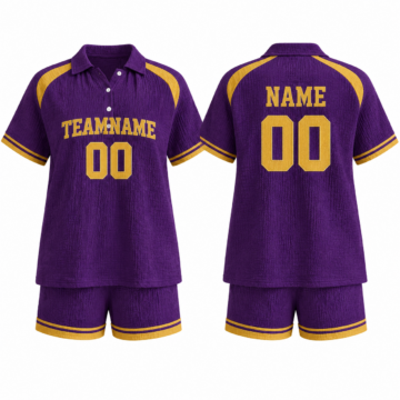 Gold and Purple Crinkled Two-Piece Set with Collared Top and Shorts