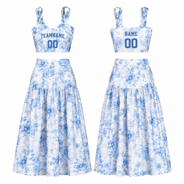 White and Blue Floral Print Two-Piece Set with Cropped Bralette Top and Tiered Maxi Skirt